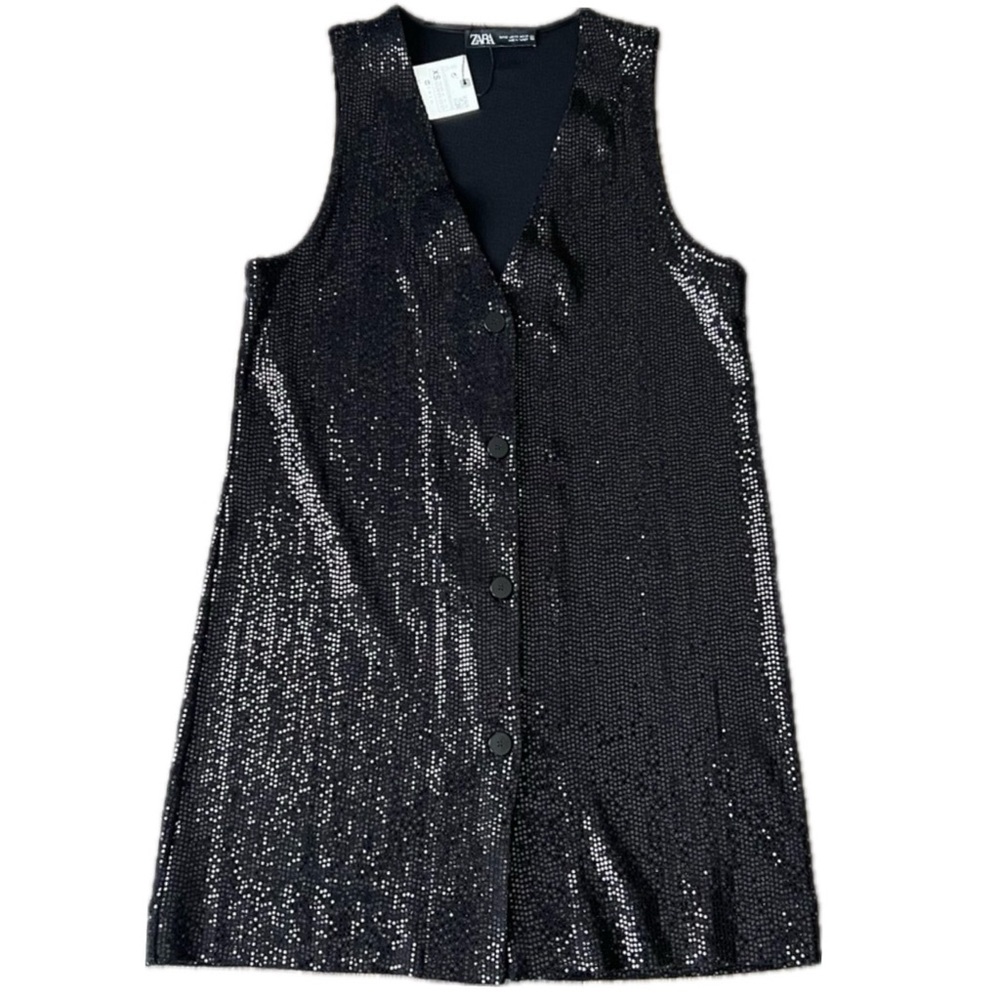 Zara NEW Sleeveless V-Neck Sequin Button Front Mini Dress